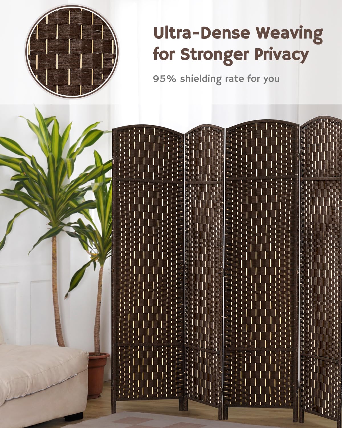 Dense woven brown bamboo divider near plants in a cozy living space, offering 95% privacy shielding with natural, eco-friendly materials.