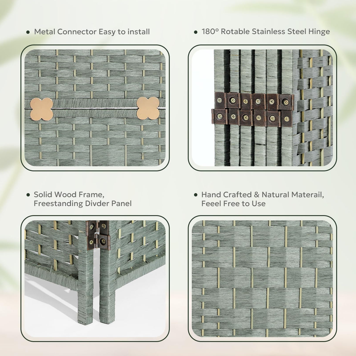 Detailed measurements of the 4-panel green room divider, showing height, width, and depth, along with its compact folded form, displayed in a cozy bedroom setting.