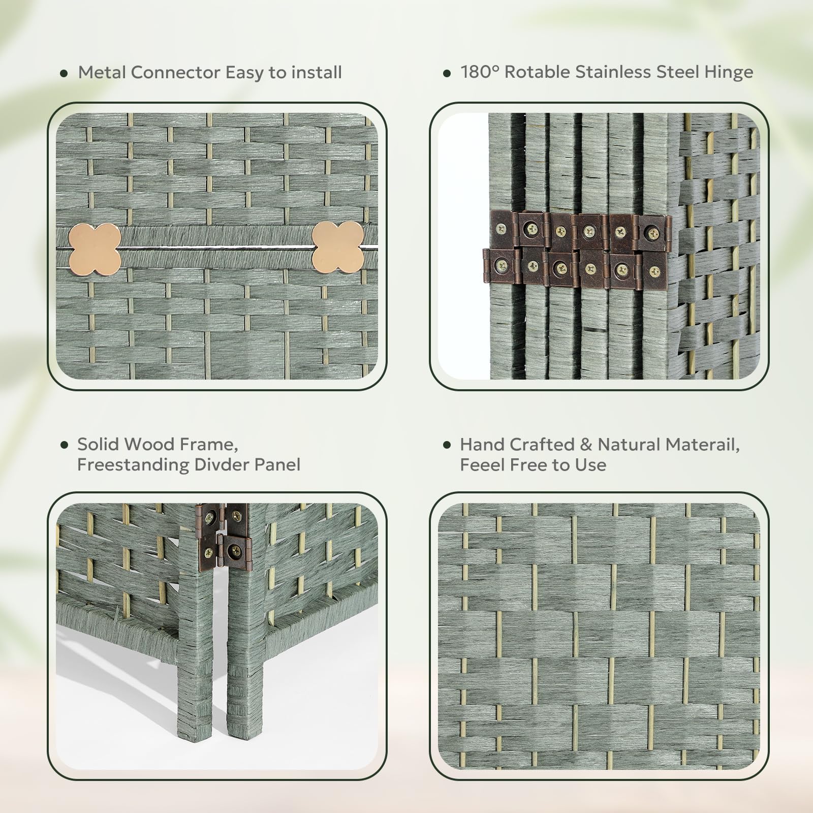 Detailed measurements of the 4-panel green room divider, showing height, width, and depth, along with its compact folded form, displayed in a cozy bedroom setting.