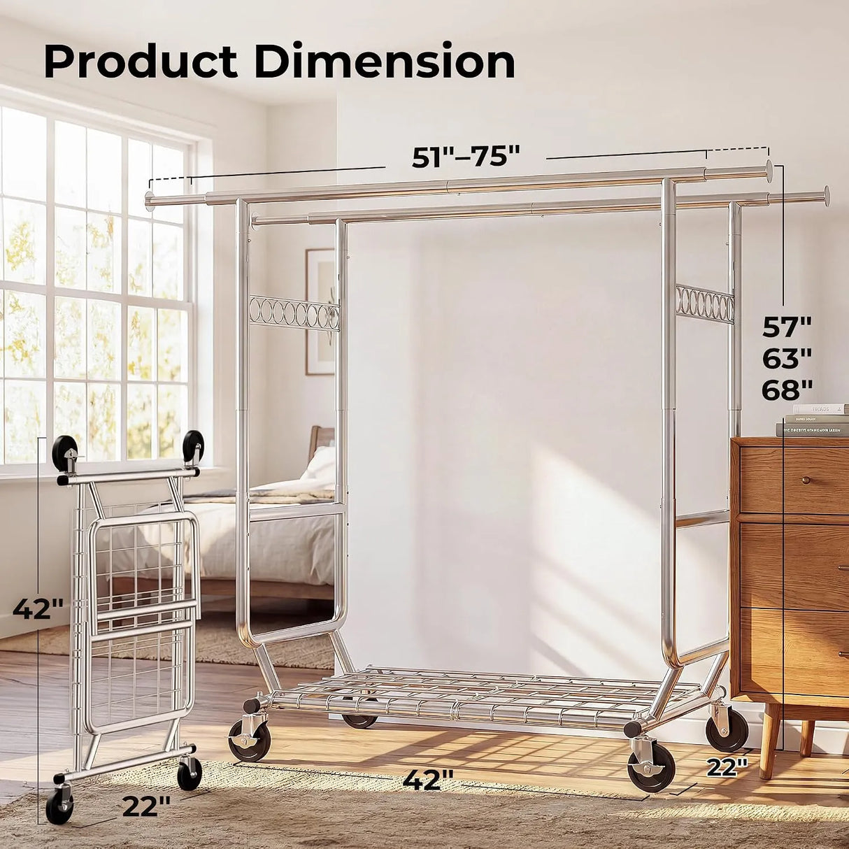 Heavy Double Rod Clothes Rack with Metal Shelves