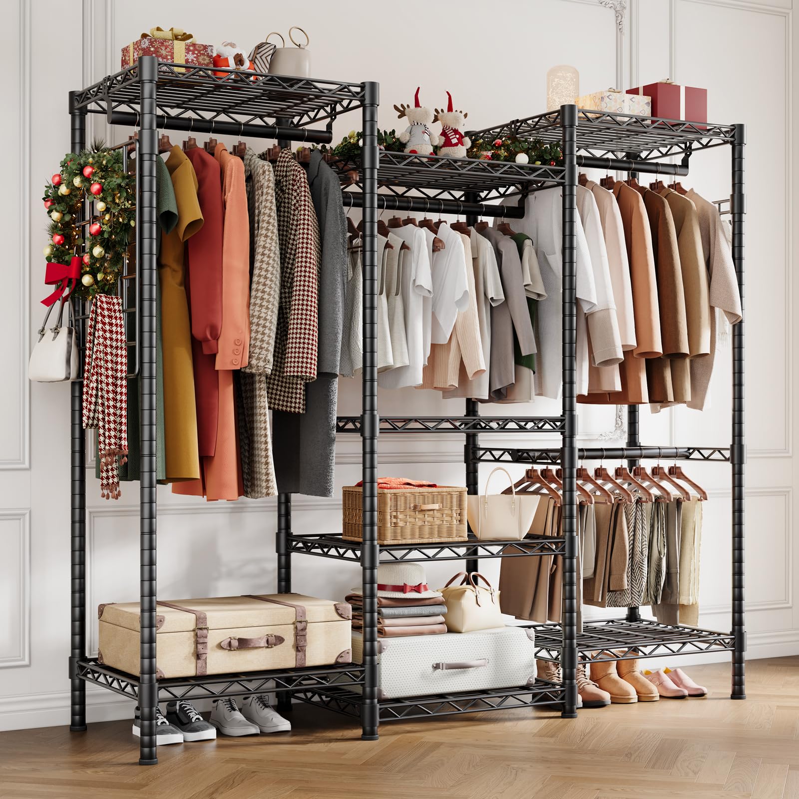 Sturdy closet rack holding over 600 garments with a total weight capacity of 1600 lbs. Offers durable metal construction and stability for heavy-duty use.