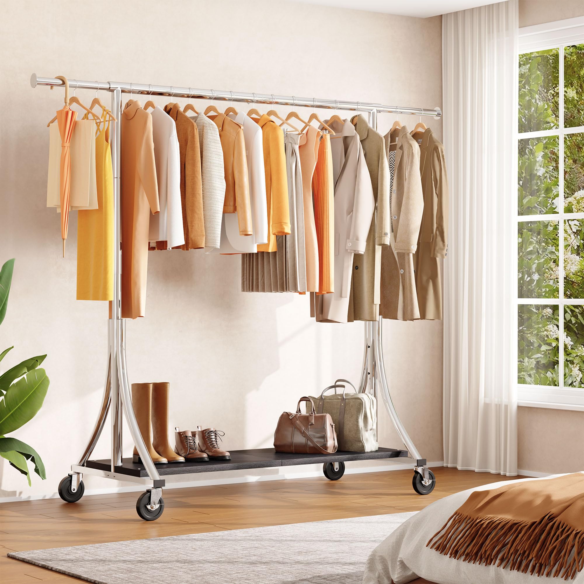 HOKEEPER 500LBS Wooden Garment Rack with Shelves - Silver