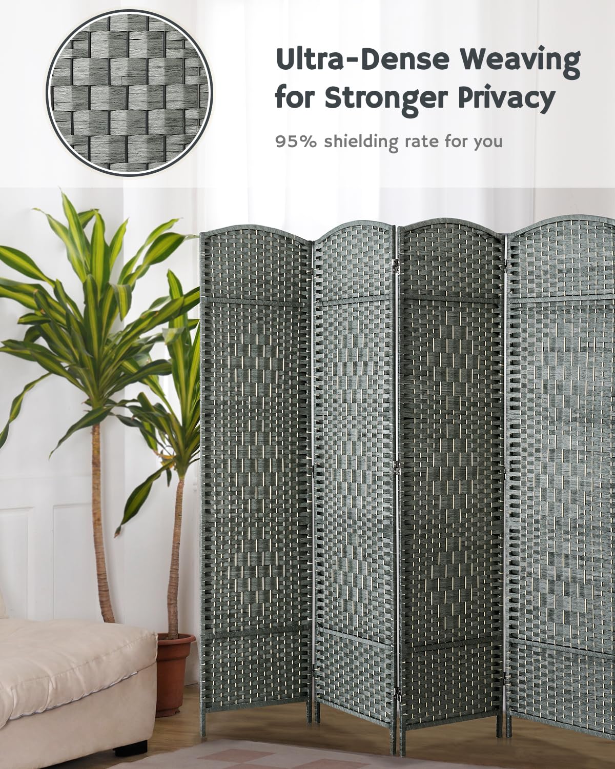 Dense woven grey bamboo divider near plants in a cozy living space, providing 95% privacy shielding with a natural, minimalist aesthetic.