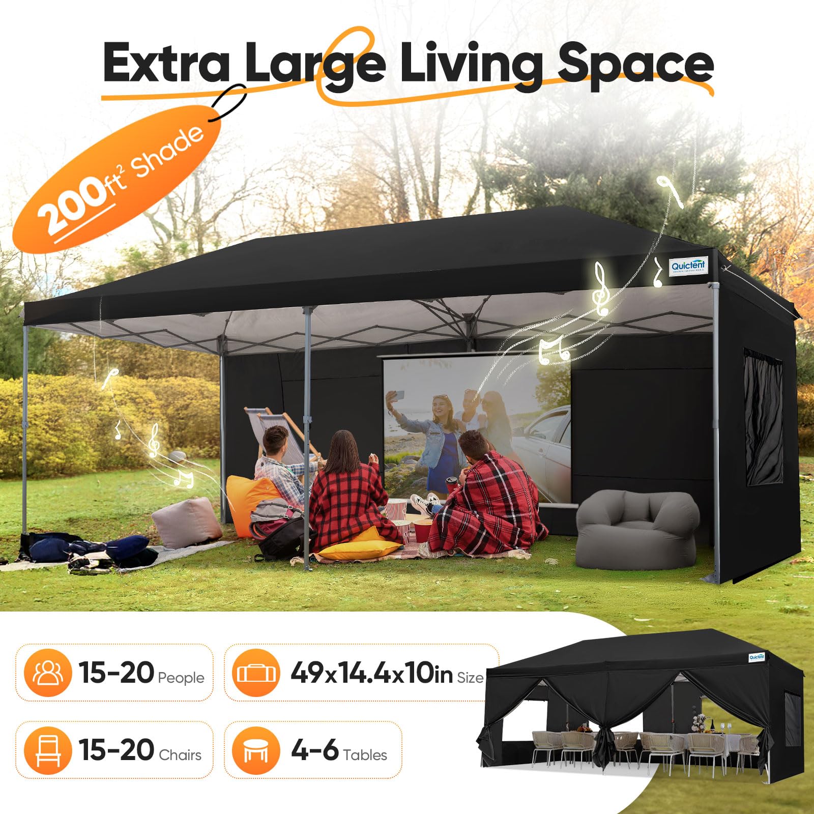 Quictent 10'x20' Instant Pop up Canopy with Sidewalls - Black