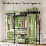 Multifunctional closet organizer setup with labeled sections for long clothes, short clothes, shoes, and luggage, showcasing its versatility and practicality for various storage purposes.