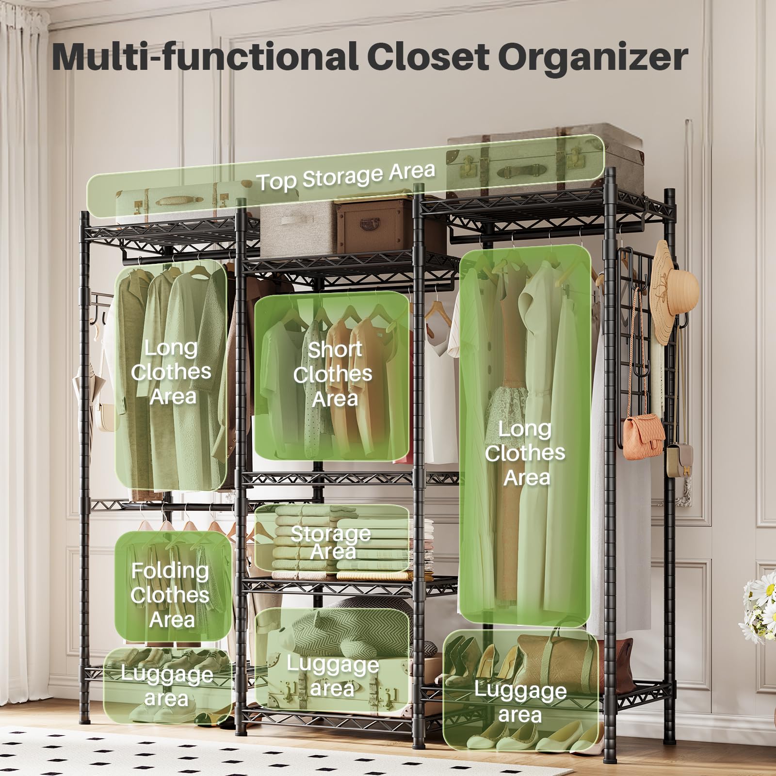 Multifunctional closet organizer setup with labeled sections for long clothes, short clothes, shoes, and luggage, showcasing its versatility and practicality for various storage purposes.