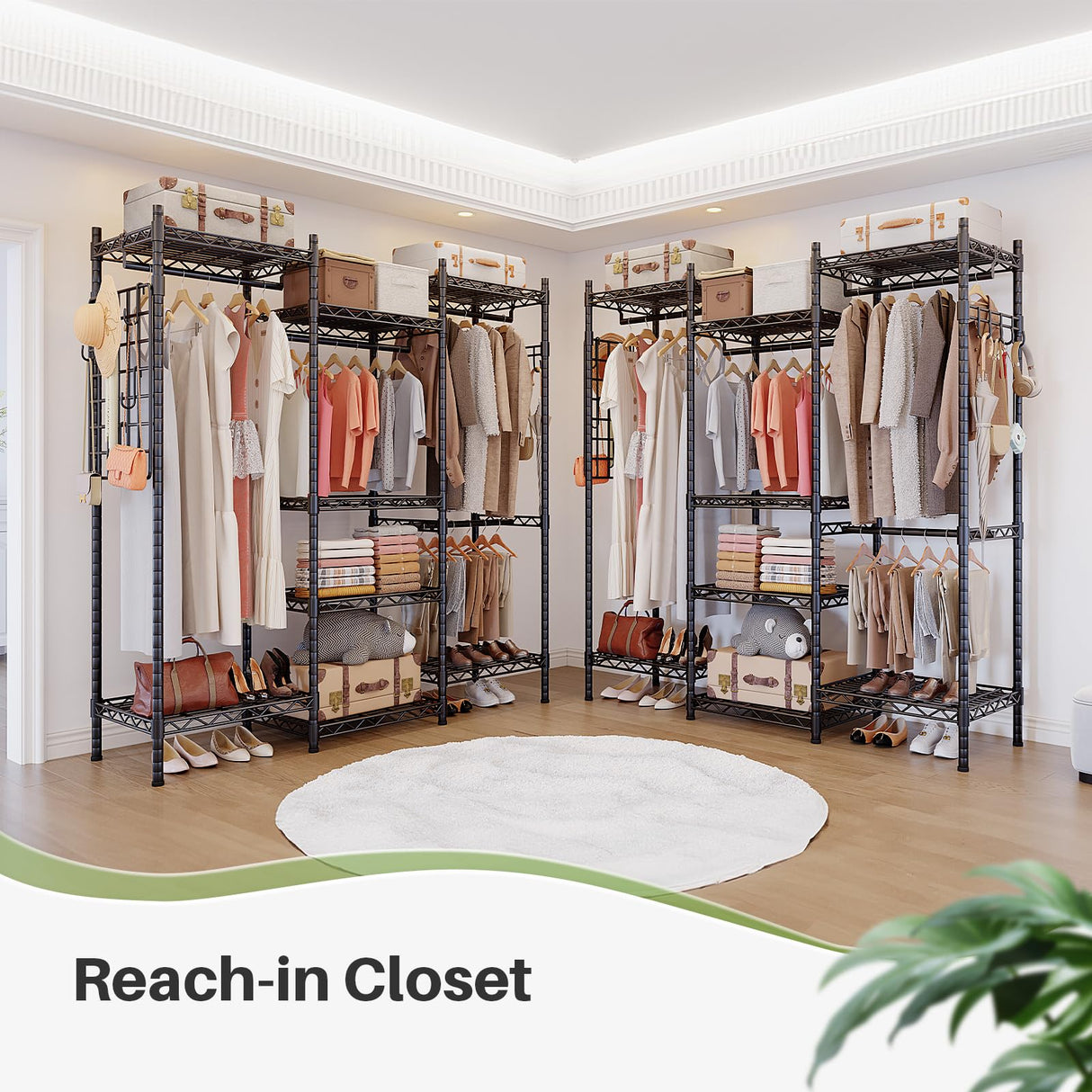 Freestanding reach-in closet design with ample storage space for long and short clothing, shelves for bags and shoes, and side hooks for hats and scarves.