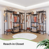 Freestanding reach-in closet design with ample storage space for long and short clothing, shelves for bags and shoes, and side hooks for hats and scarves.