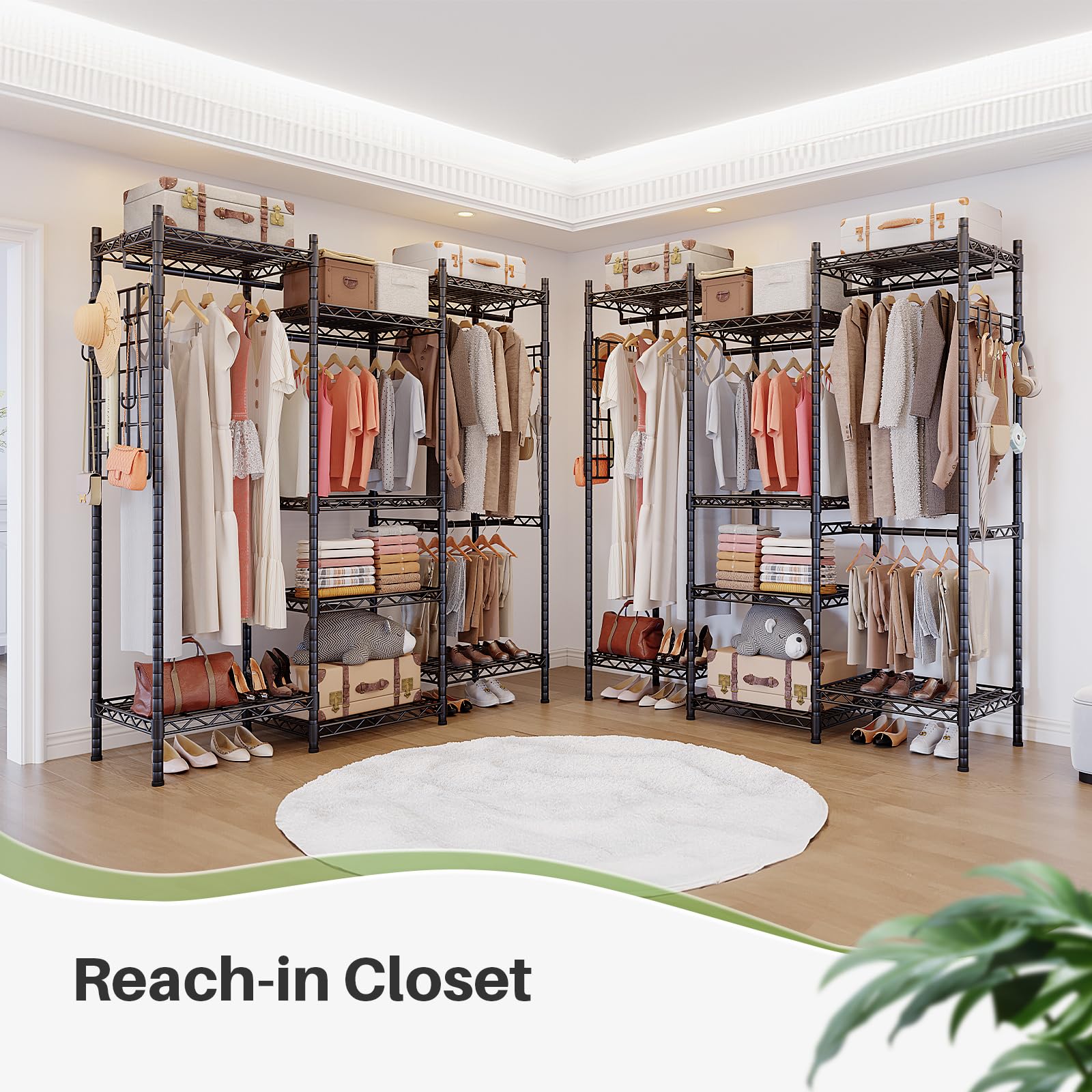 Freestanding reach-in closet design with ample storage space for long and short clothing, shelves for bags and shoes, and side hooks for hats and scarves.
