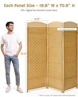 4-panel yellow room divider with measurements provided, emphasizing its height of 70.9 inches and width of 19.8 inches per panel, suitable for greater coverage.