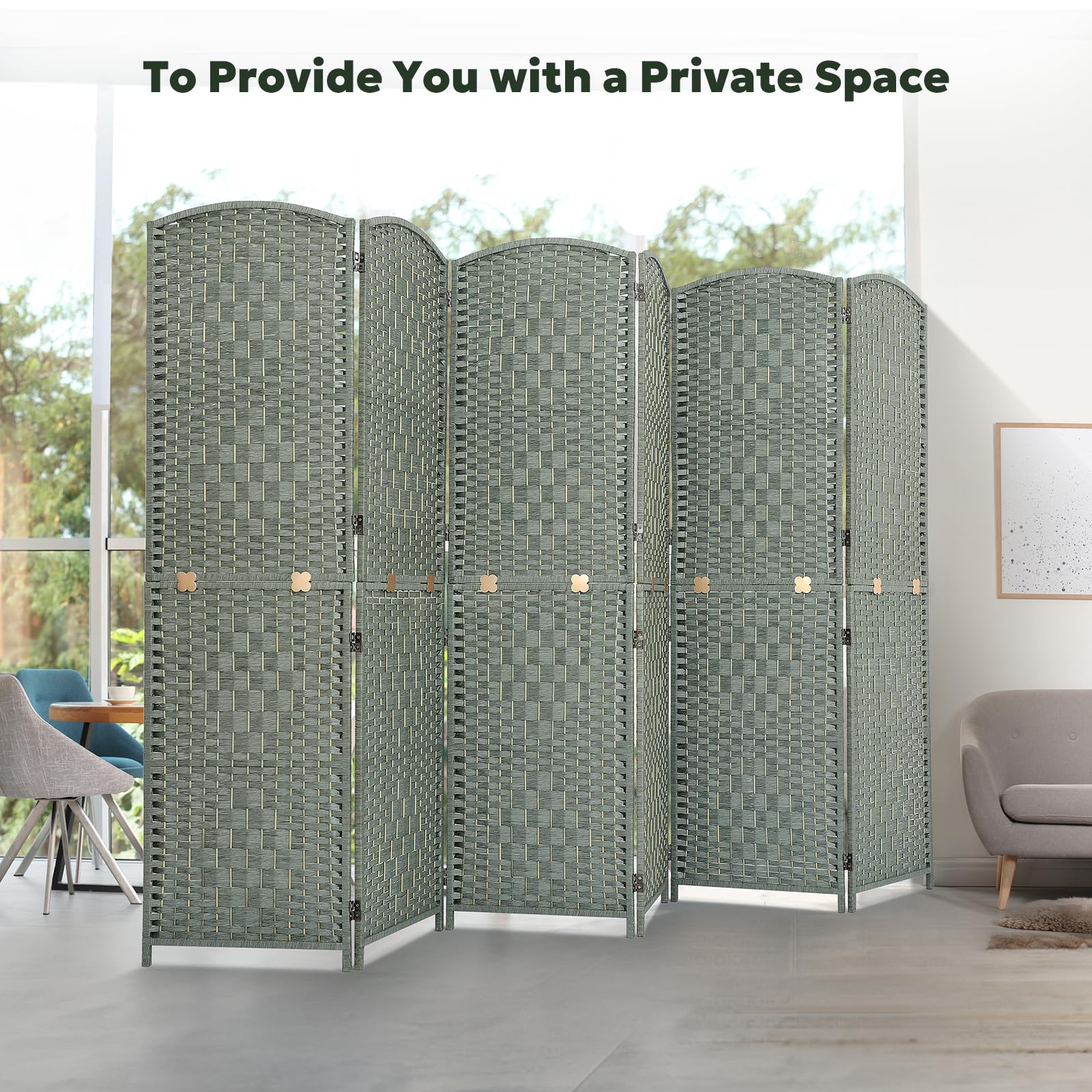 Foldable 6-panel green room divider made of eco-friendly bamboo and wood, shown collapsed and compact for easy storage with the text 'It's space-saving and flexible.'