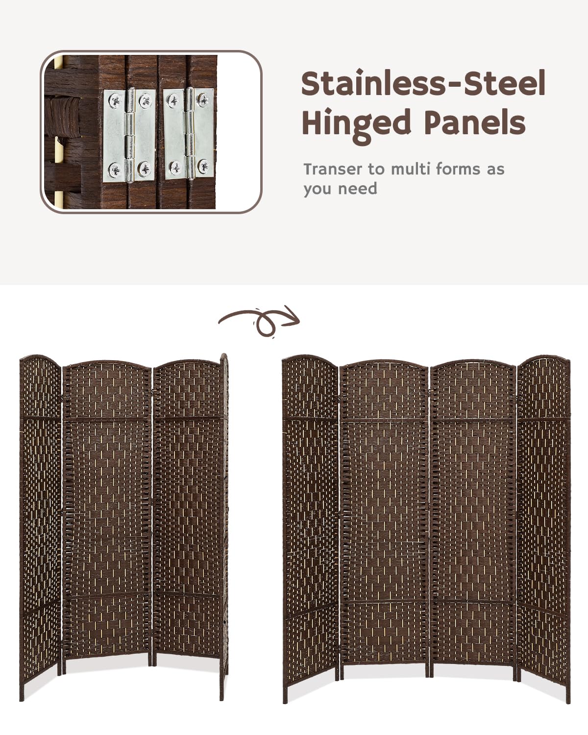 Stainless steel hinges on the brown room divider, allowing flexible folding and arrangement, as highlighted in the graphic with various forms and adjustments.