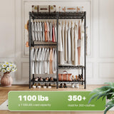 1100 lbs capacity rack with labeled areas for shoes, clothing, and accessories, ideal for heavy-duty wardrobe organization.