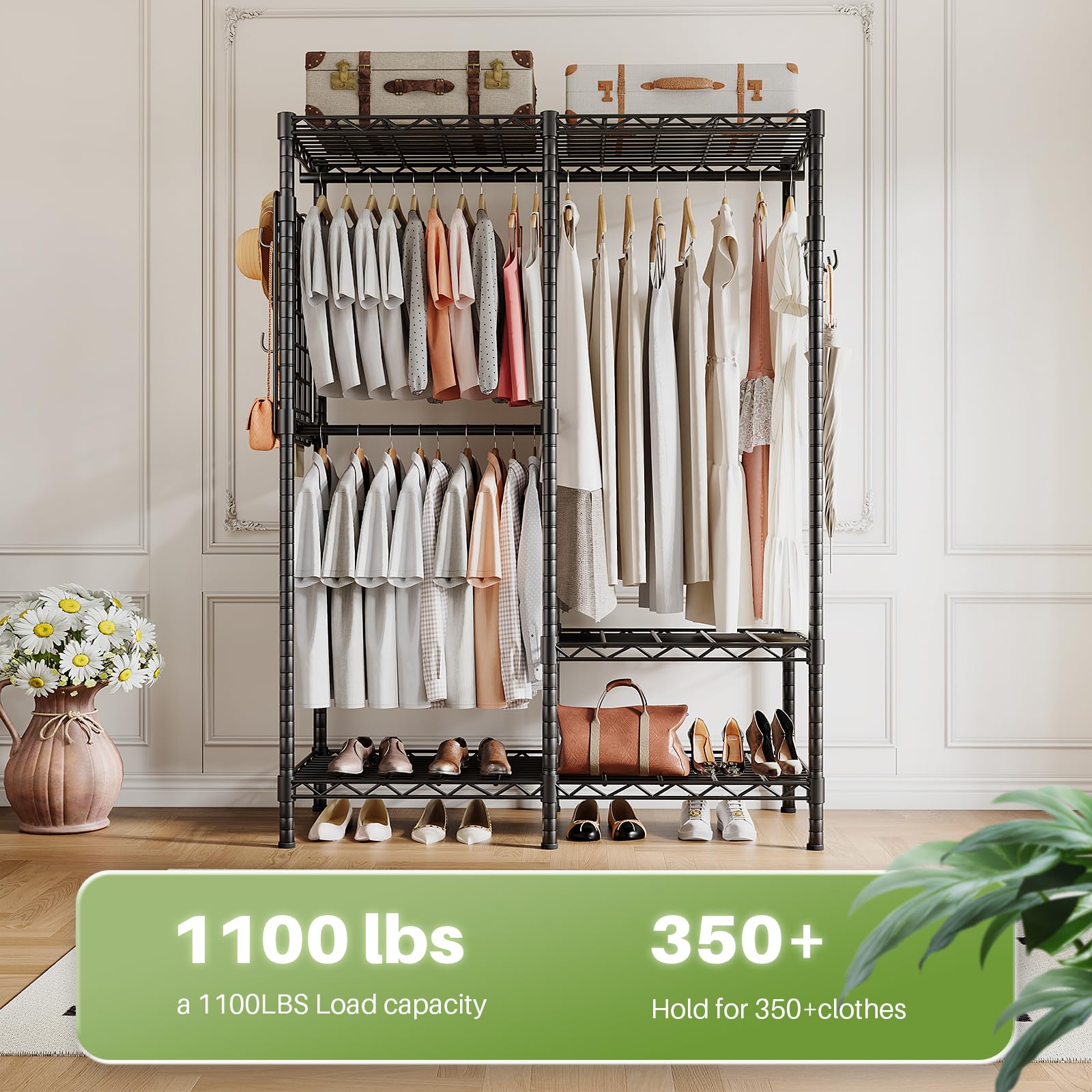 1100 lbs capacity rack with labeled areas for shoes, clothing, and accessories, ideal for heavy-duty wardrobe organization.