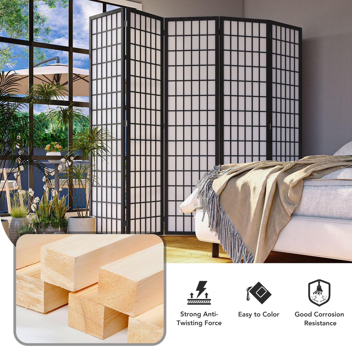 JOSTYLE Japanese Room Divider - Black (6-Panel)