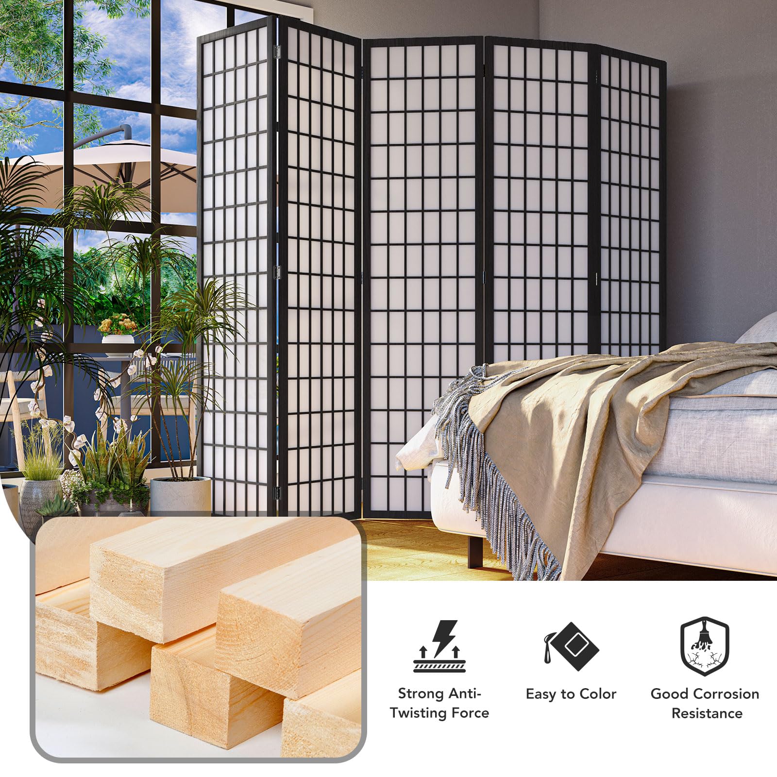 JOSTYLE Japanese Room Divider - Black (6-Panel)