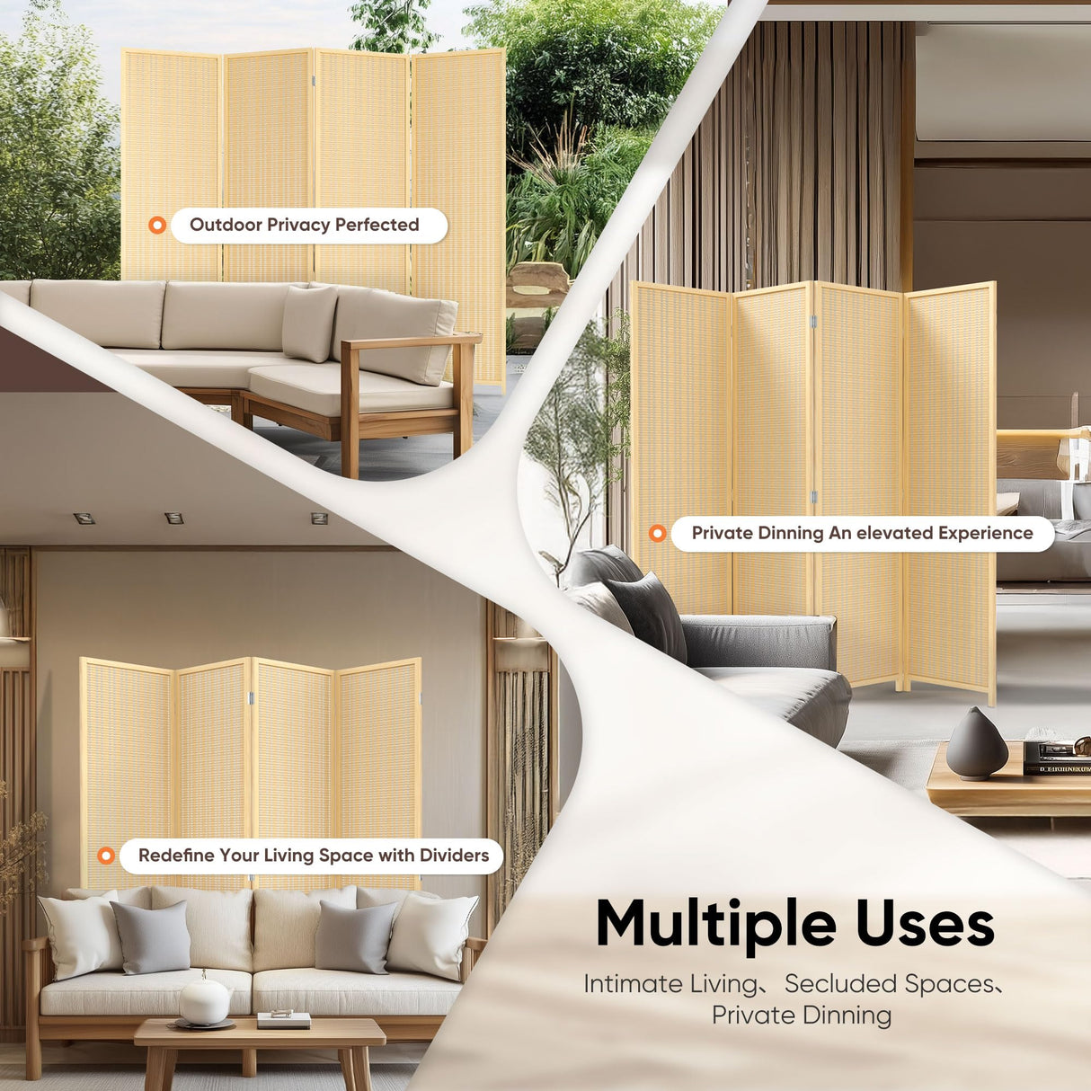 JOSTYLE 6ft Bamboo Room Divider - Beige (4-Panel)