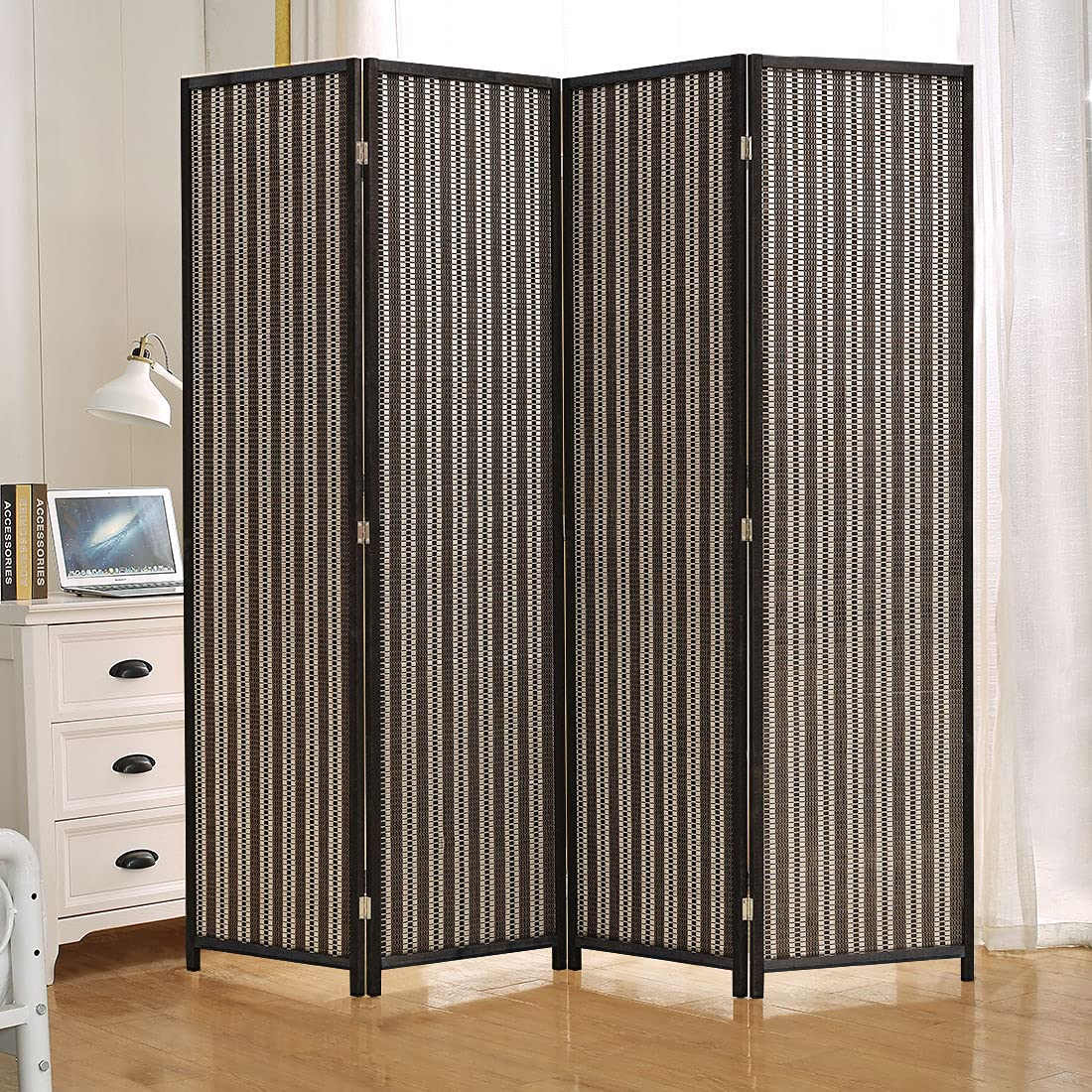 Black 4-panel room divider displayed in a home office setting, providing a functional partition to enhance privacy while maintaining style.