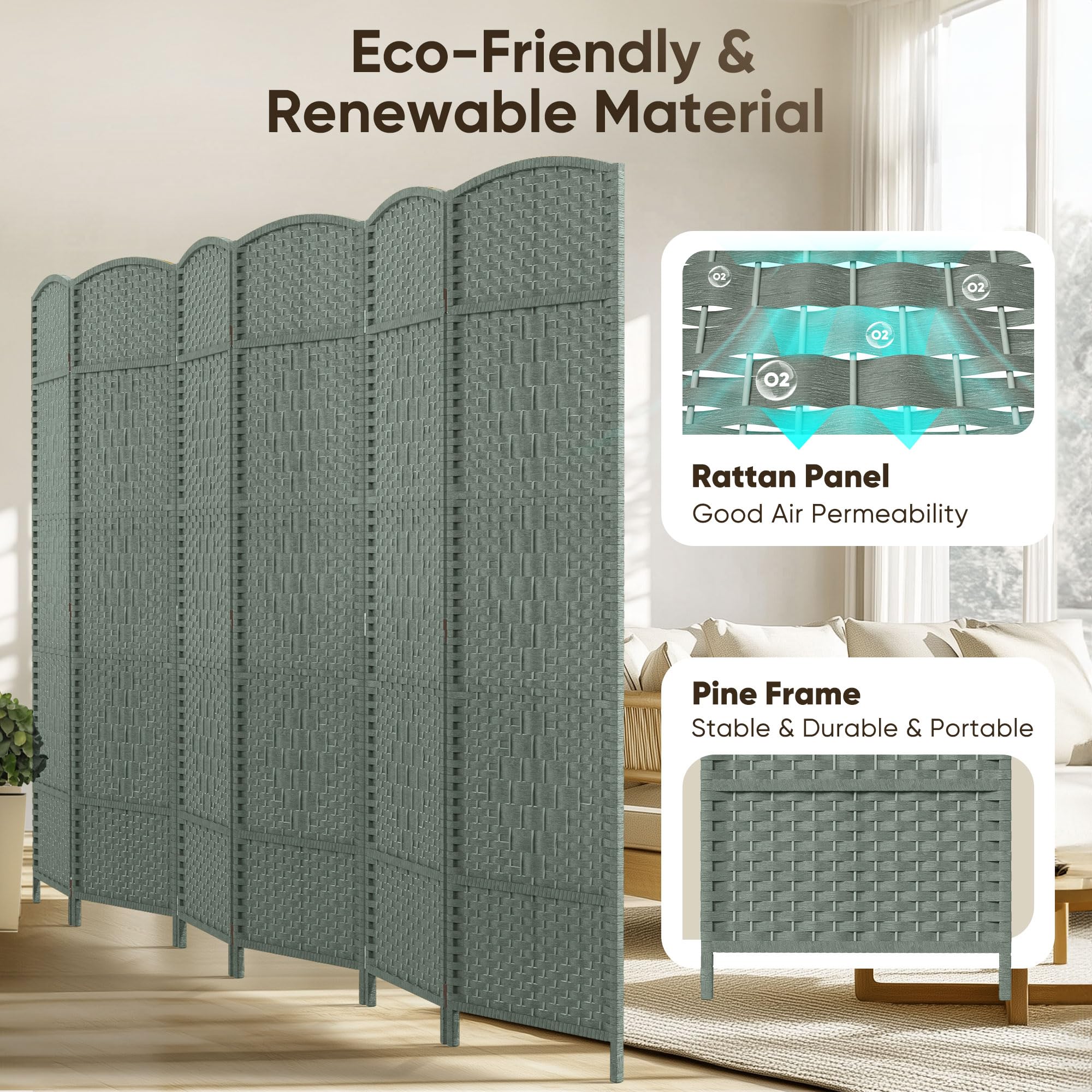 JOSTYLE Wooden Room Divider - Grey (6-Panel)