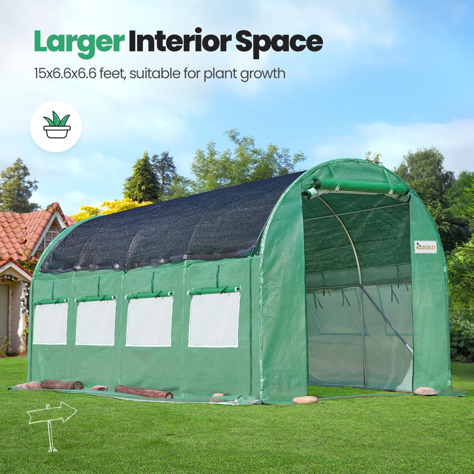 KING BIRD 15'x6.6'x6.6' Walk-in Greenhouse - Green