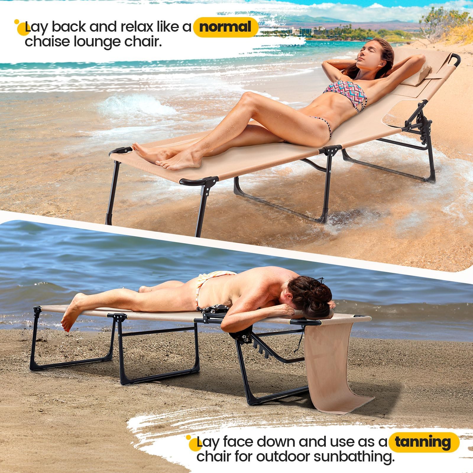 KING BIRD 5-Position Beach Chaise with Face Cradle (350LBS) - Beige