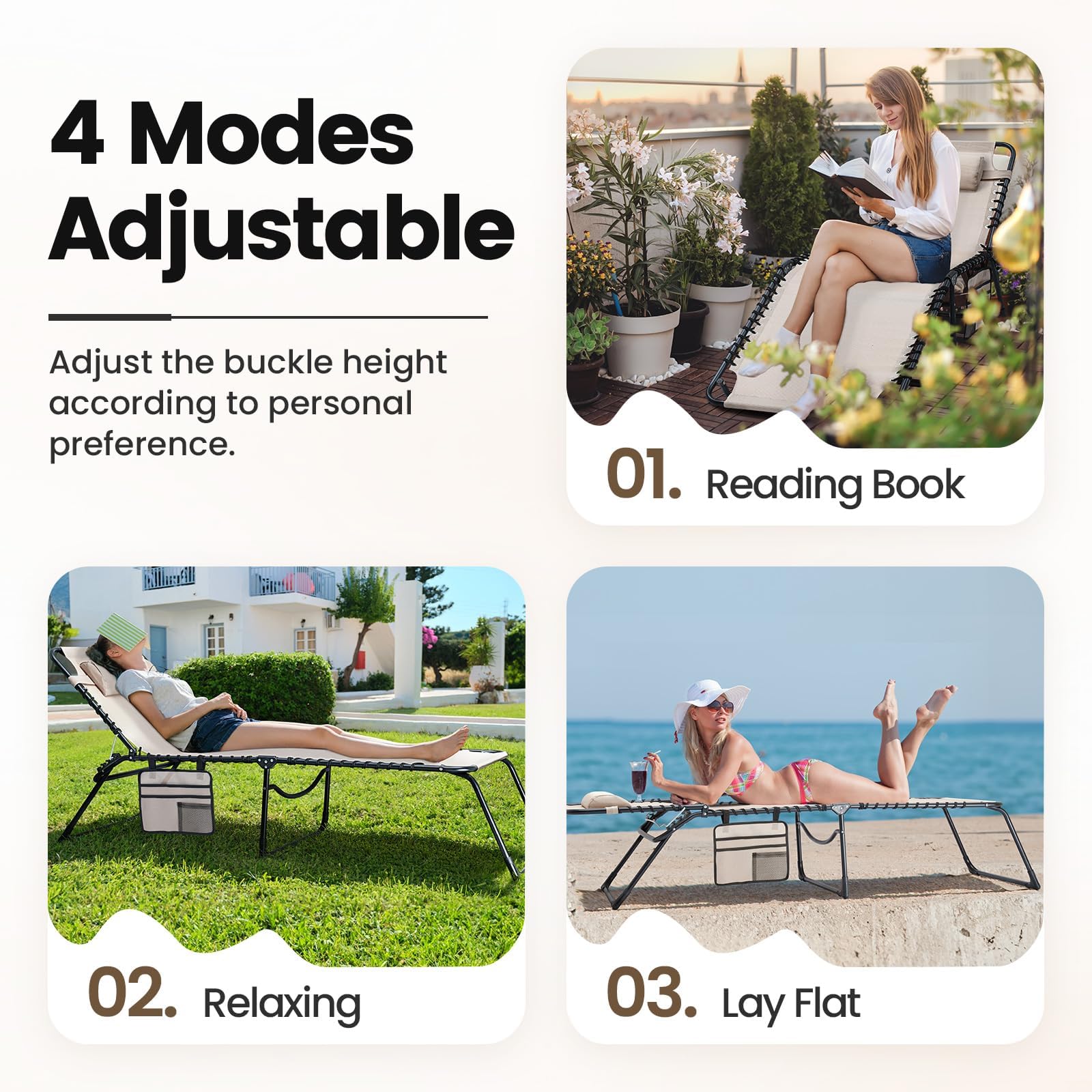 KING BIRD XL 5-Position Adjustable Chaise Lounge Chair - Beige