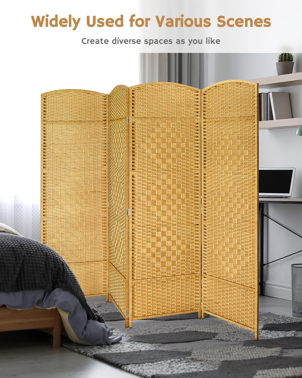 Yellow 4-panel room divider in a bedroom setting, accompanied by the text 'Widely Used for Various Scenes,' highlighting its versatility for creating diverse spaces.