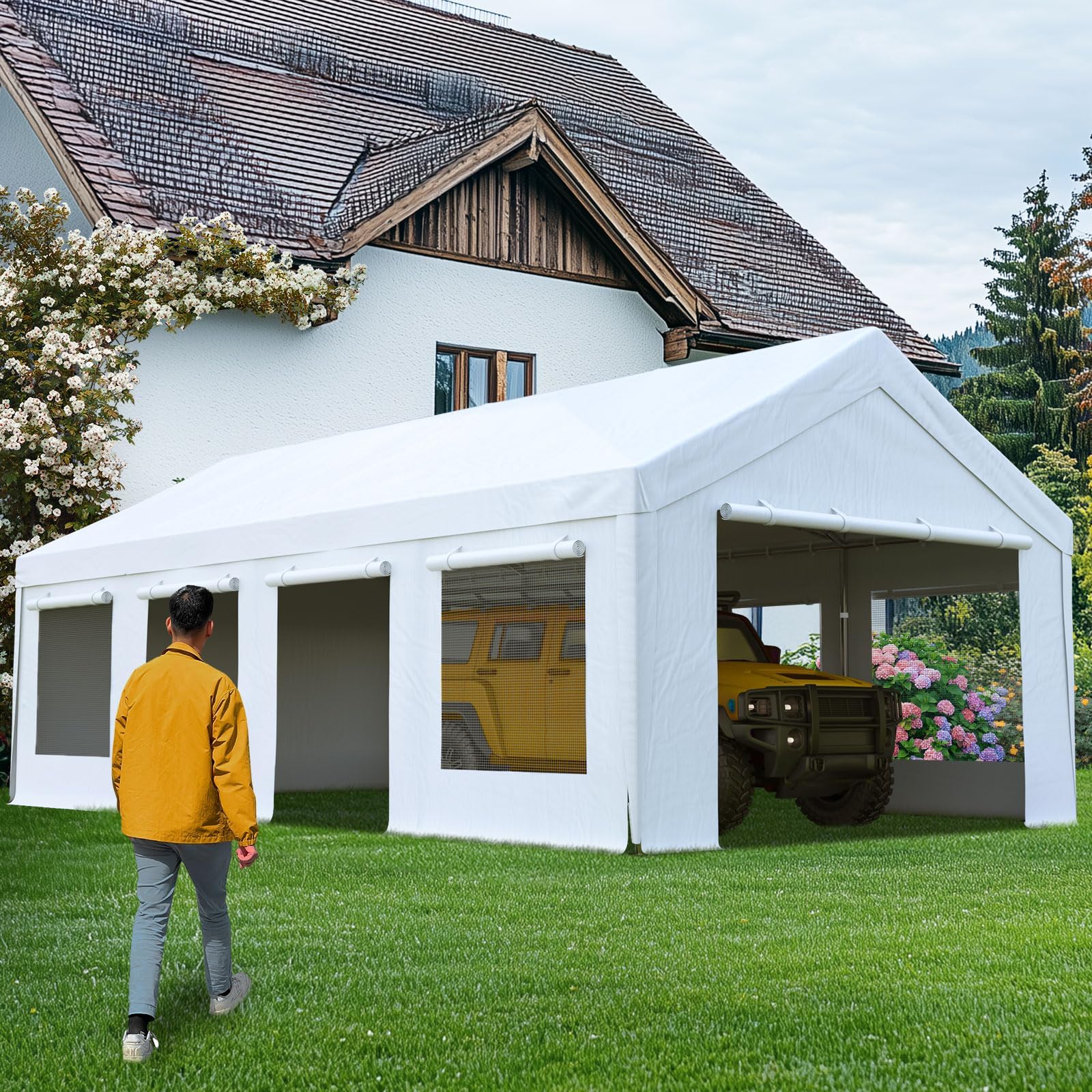 Quictent 13'x25' Snowproof Steel Carport with Zipper Doors - White