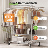 HOKEEPER Adjustable Rolling Garment Rack - Double Rod with Basket