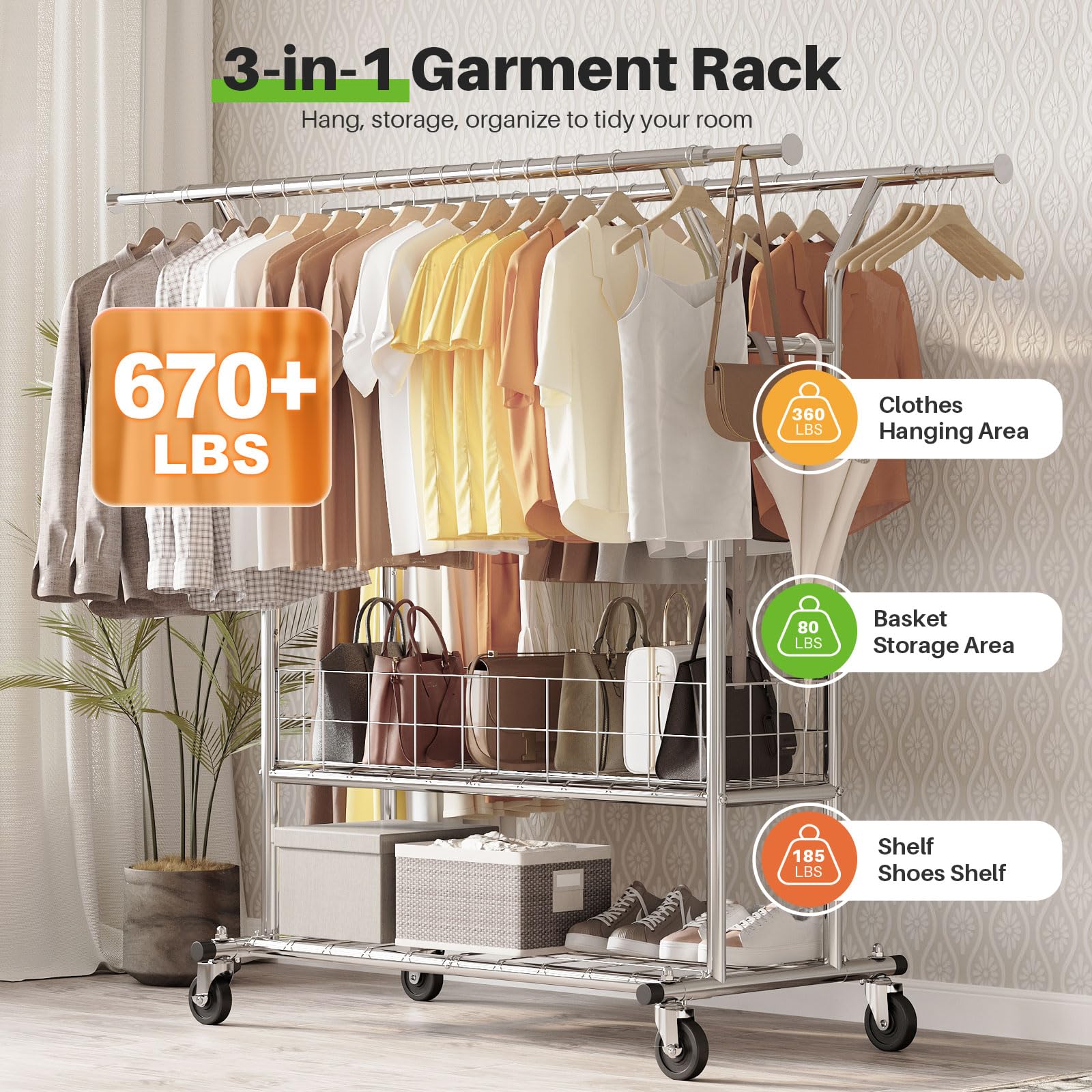 HOKEEPER Adjustable Rolling Garment Rack - Double Rod with Basket