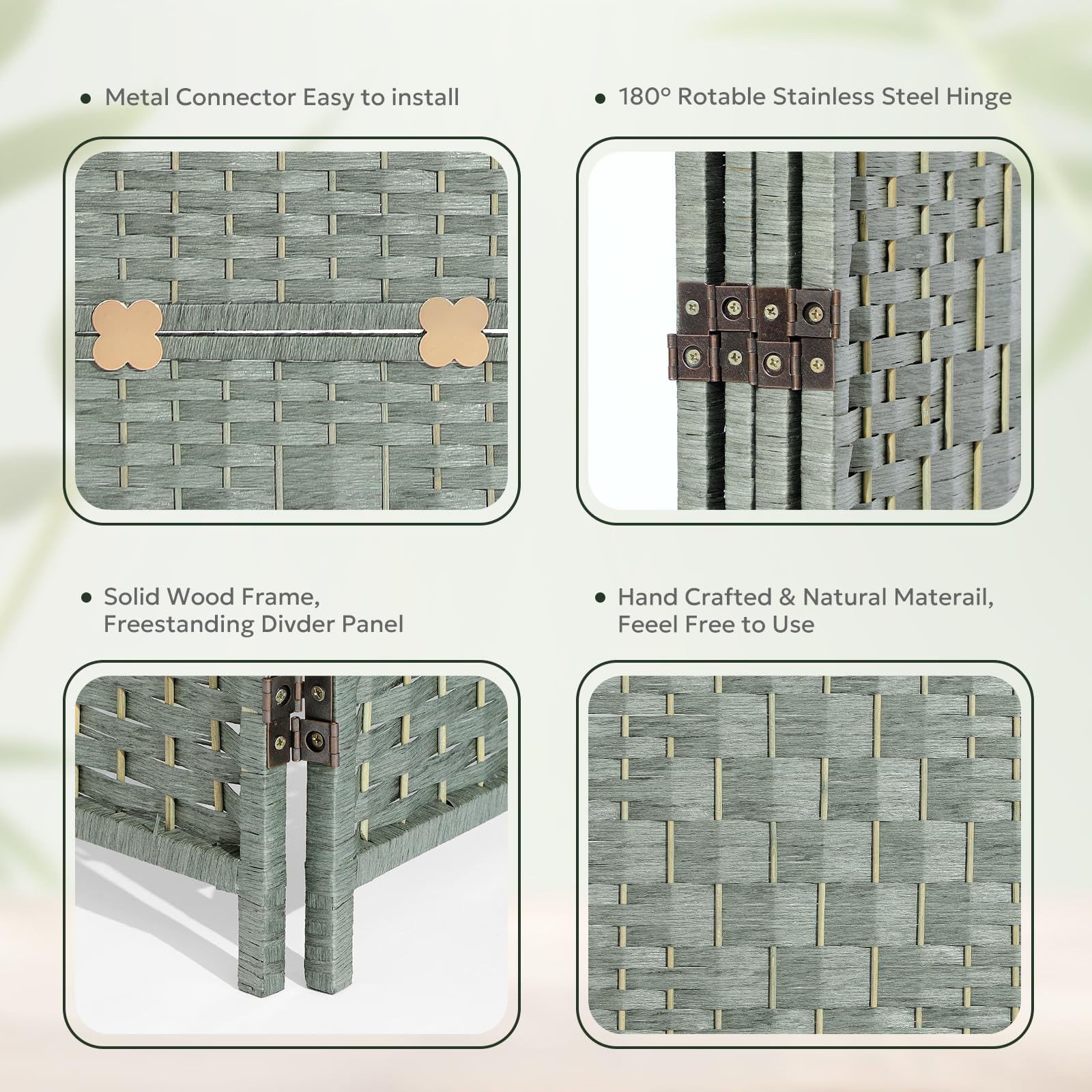 Detailed measurements of the 6-panel green room divider, showing height, width, and depth, along with its compact folded form, displayed in a cozy bedroom setting.