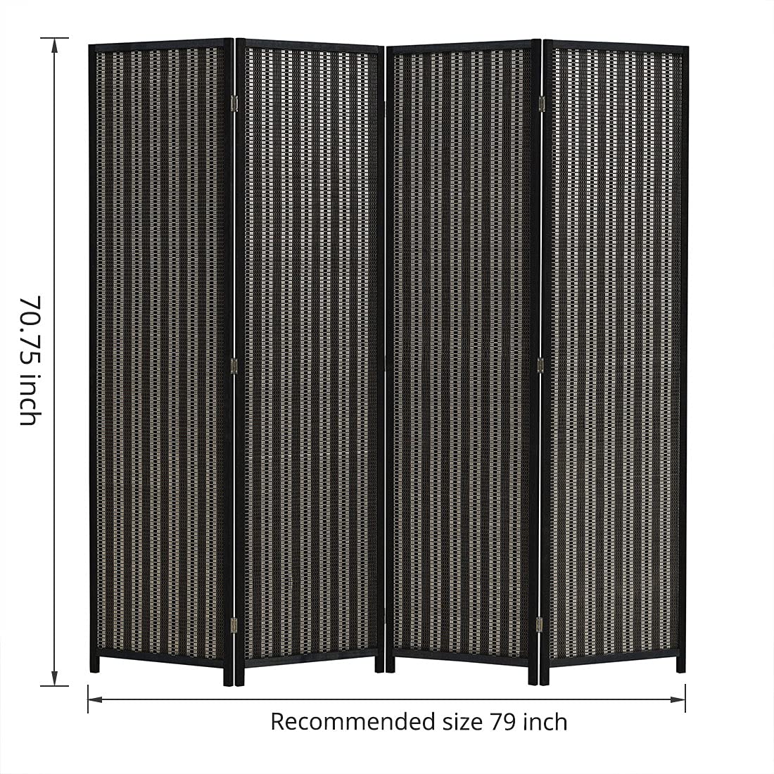 4-panel black room divider with dimensions of 6ft height and 19.8 inches width per panel, ideal for separating spaces in any room.
