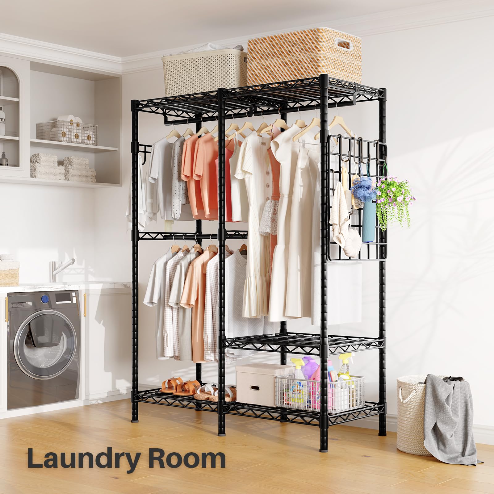 Freestanding closet system for laundry rooms, with ample space for hanging clothes and storing laundry baskets or accessories.