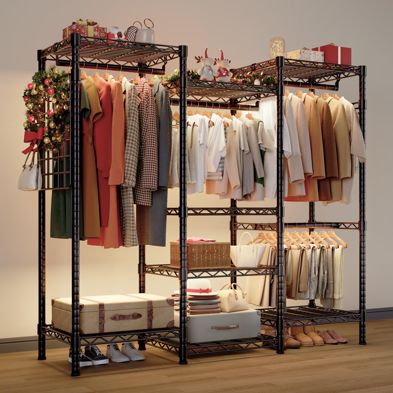 A robust closet clothes rack with mesh boards showcasing multiple hanging and storage options for neatly organizing garments, accessories, and footwear in a stylish setup.