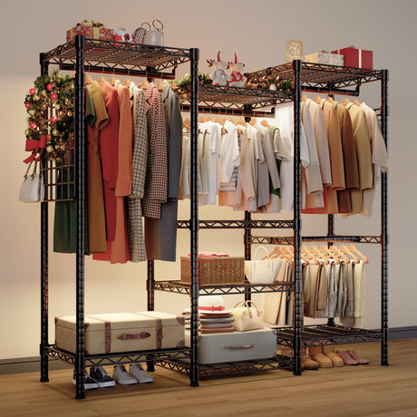 A robust closet clothes rack with mesh boards showcasing multiple hanging and storage options for neatly organizing garments, accessories, and footwear in a stylish setup.