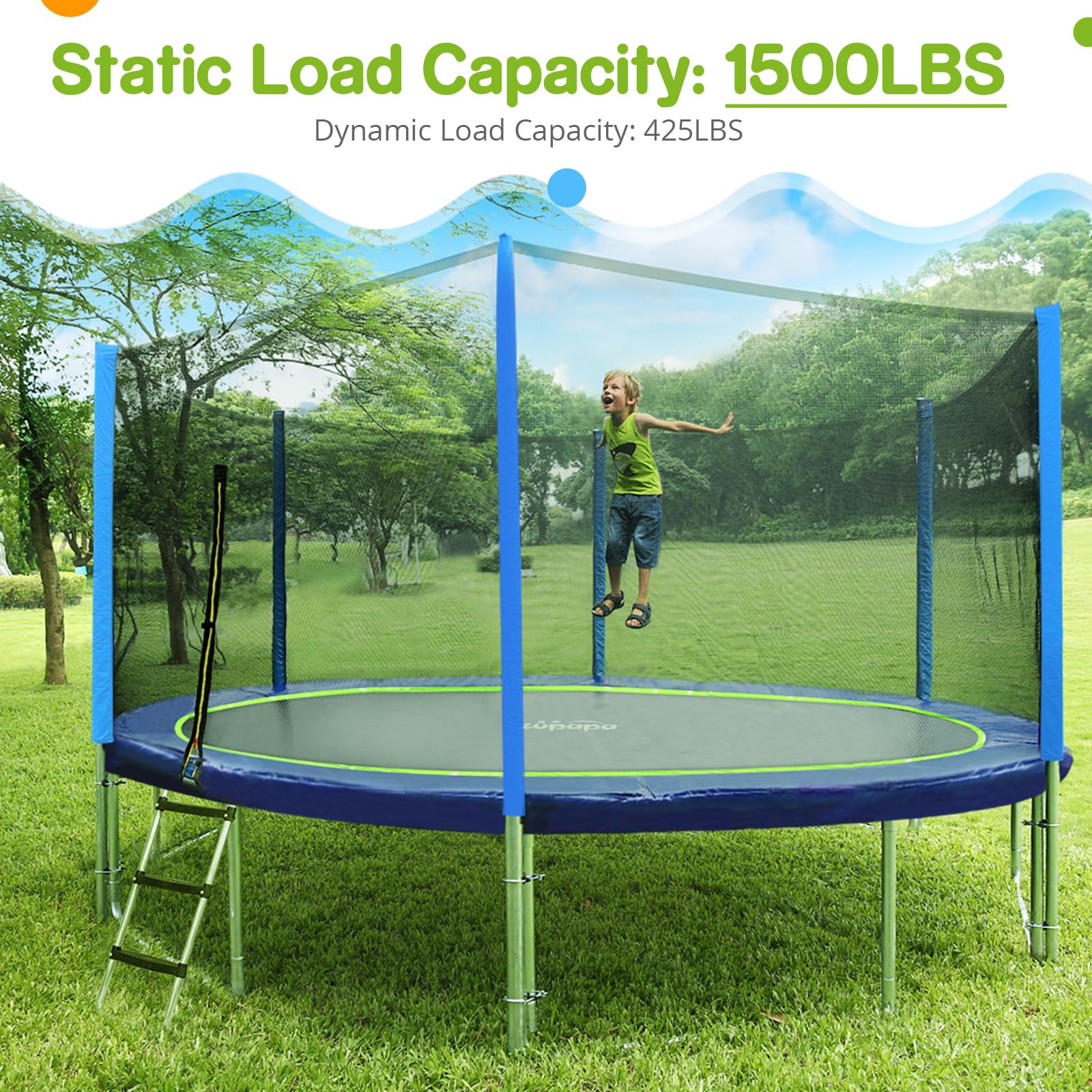 Zupapa 1500 LBS 8-16FT No-Gap Trampoline with Safety Net