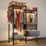 Freestanding clothes rack with double rods and extra-large fabric drawers, ideal for organizing clothes, shoes, and accessories in a compact design.