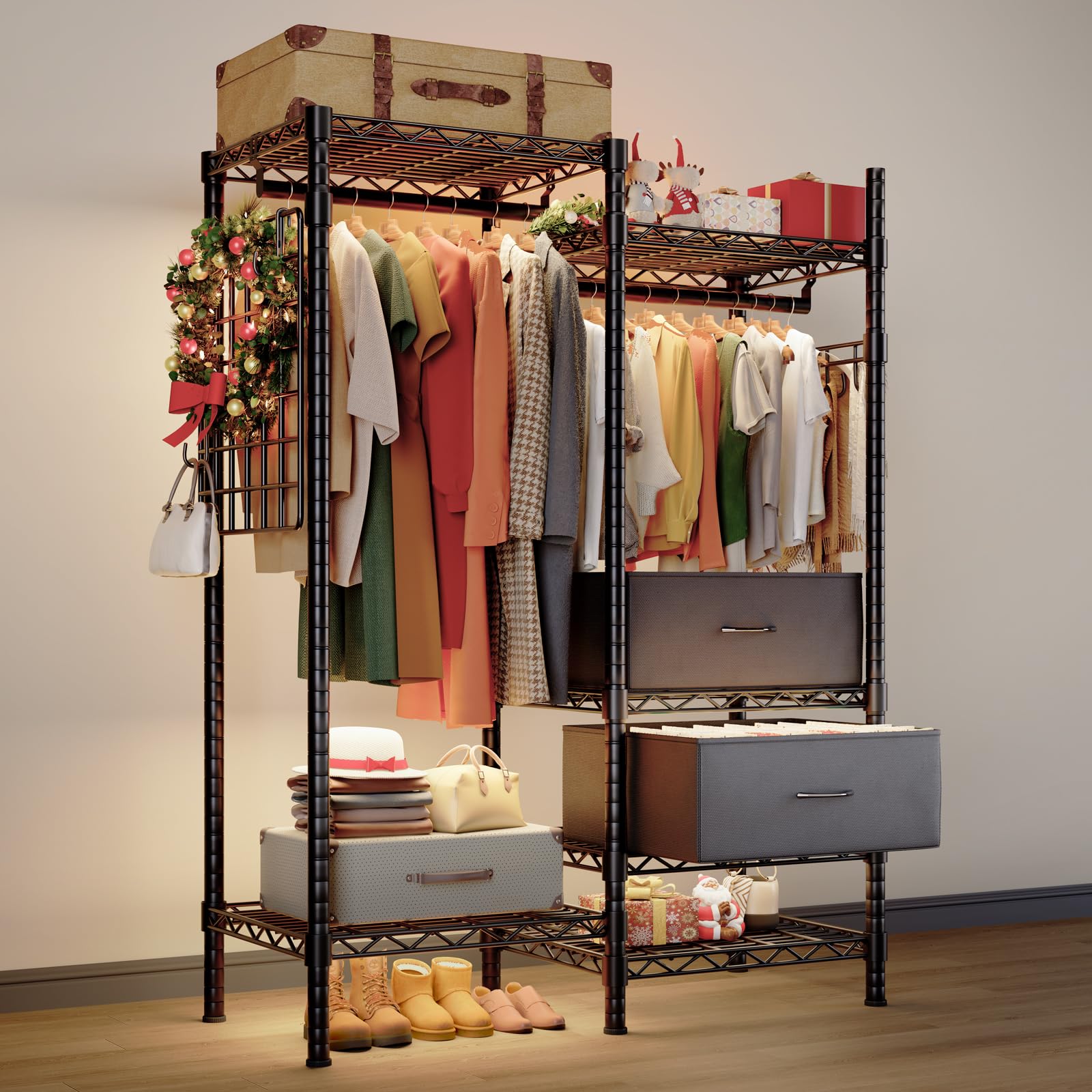 Freestanding clothes rack with double rods and extra-large fabric drawers, ideal for organizing clothes, shoes, and accessories in a compact design.