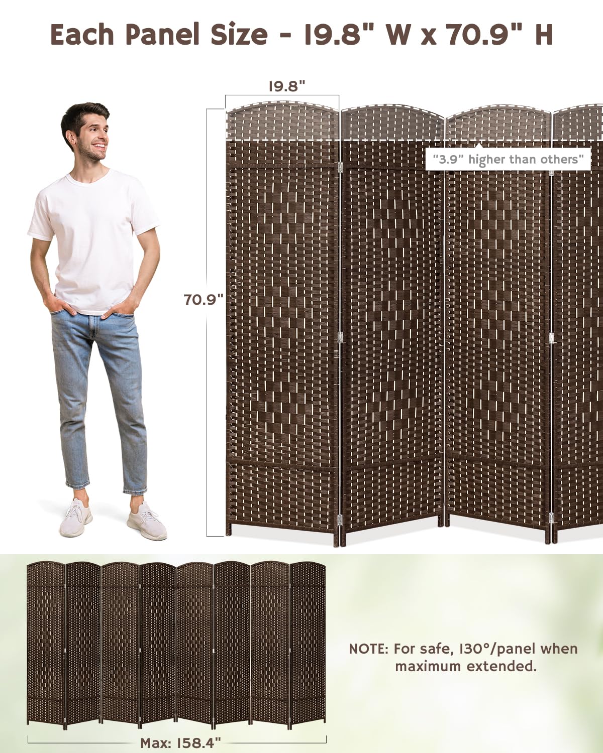 8-panel divider dimensions: 70.9" H x 158.4" W fully extended, with a safety angle of 130° per panel, ensuring both stability and versatility.