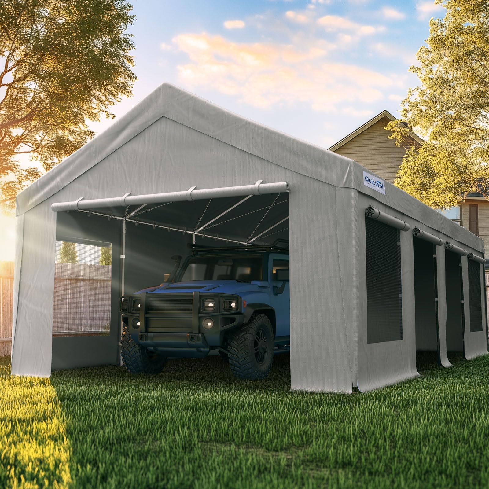 Quictent 13'x25' Snowproof Steel Carport with Zipper Doors - Gray