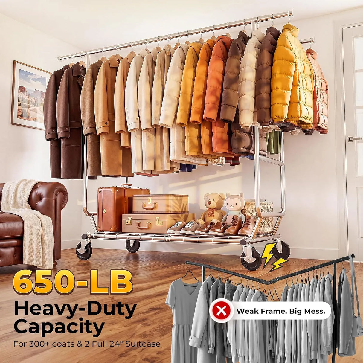 Heavy Double Rod Clothes Rack with Metal Shelves
