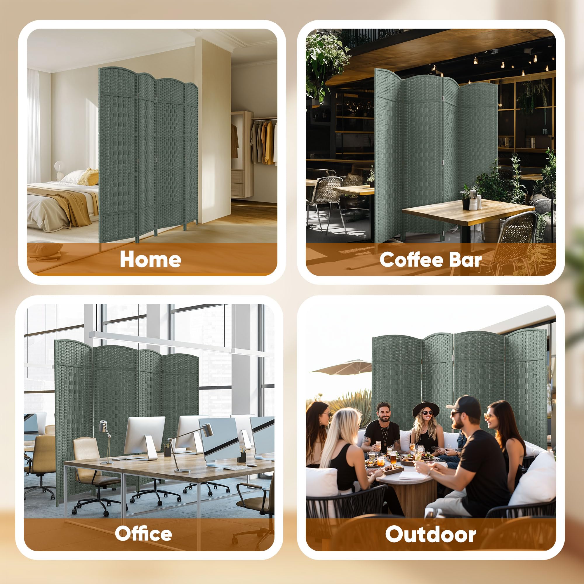 JOSTYLE 6ft Rattan Room Divider - Grey (4-Panel)