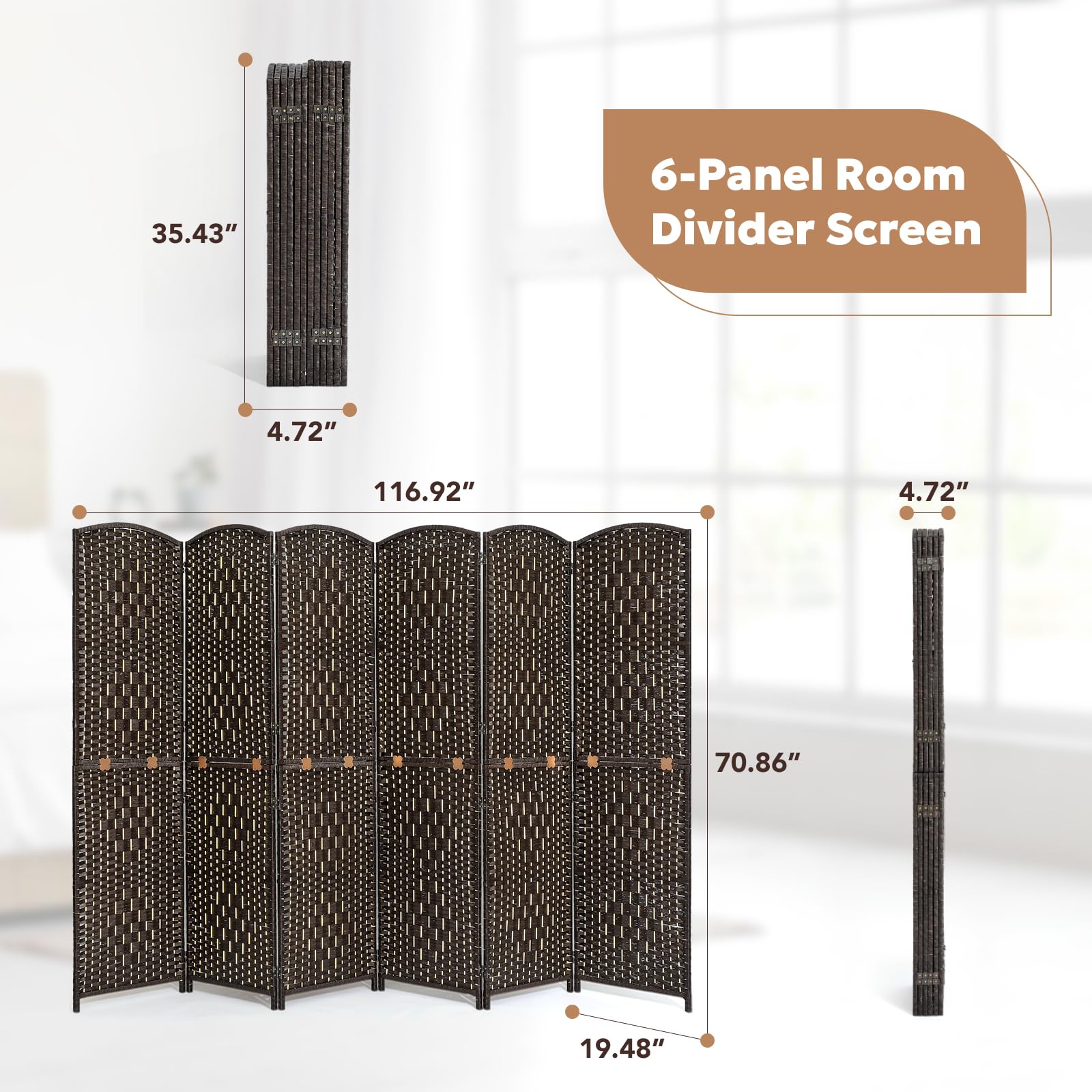 Detailed measurements of the 6-panel espresso room divider, showing height, width, and depth, along with its compact folded form, displayed in a cozy bedroom setting.