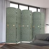 Room divider with six woven panels in natural bamboo and wood, displayed in a bedroom setting near a bed and curtains, offering privacy and style in a green finish.