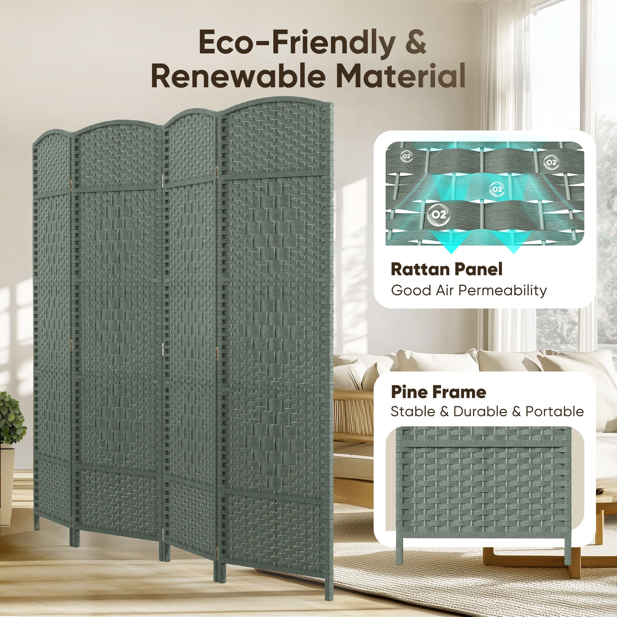 JOSTYLE 6ft Rattan Room Divider - Grey (4-Panel)