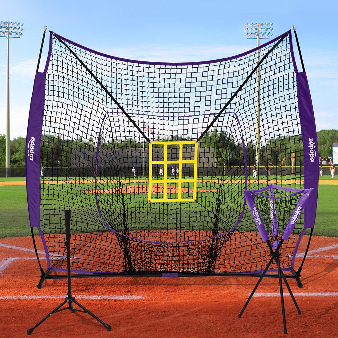 Zupapa 7'x7' Baseball Softball Net Tee Caddy Practice Combo- Purple