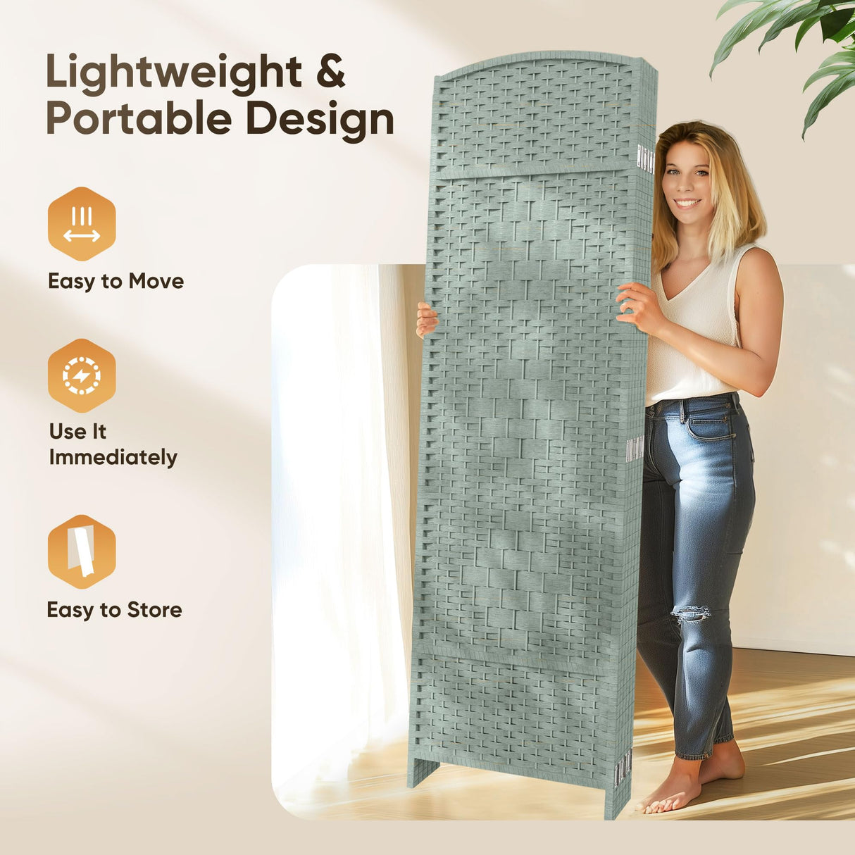 JOSTYLE 6ft Rattan Room Divider - Grey (4-Panel)