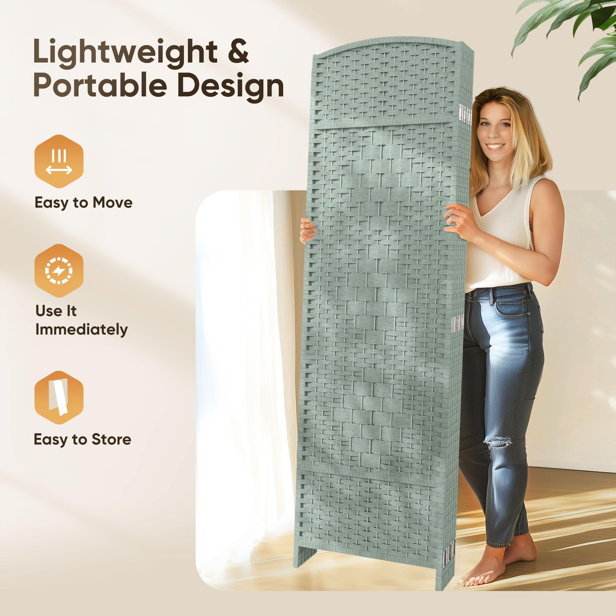 JOSTYLE 6ft Rattan Room Divider - Grey (4-Panel)