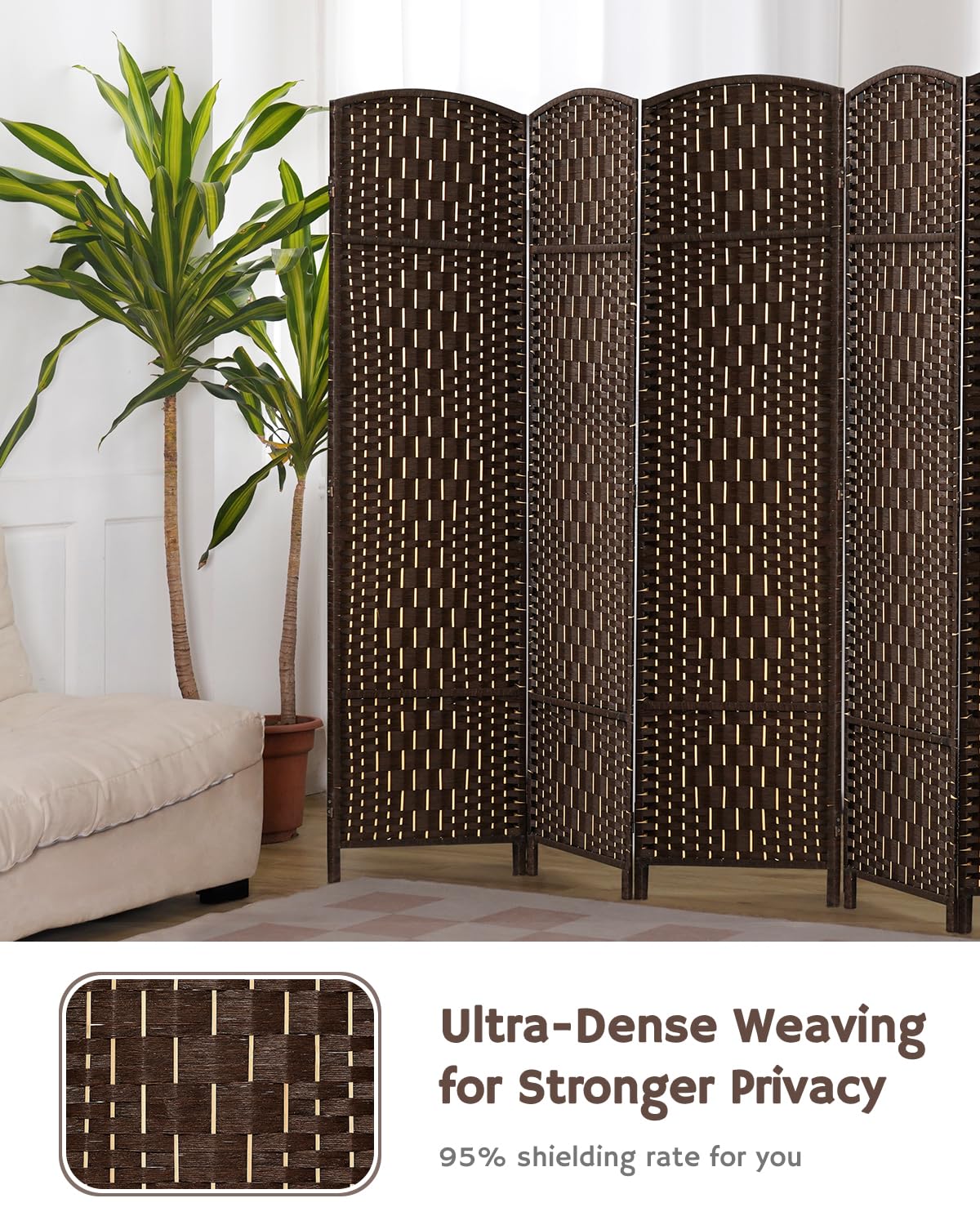 Brown 4-panel room divider positioned in a living room with ultra-dense weaving, offering 95% privacy, as noted by the text 'Ultra-Dense Weaving for Stronger Privacy.'