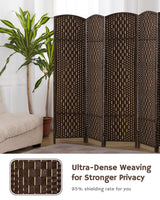 Brown 4-panel room divider positioned in a living room with ultra-dense weaving, offering 95% privacy, as noted by the text 'Ultra-Dense Weaving for Stronger Privacy.'